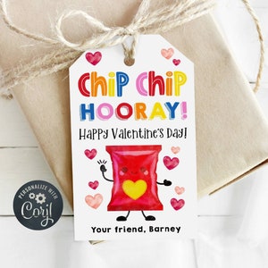 Modèle d'étiquette-cadeau Saint-Valentin Chip Chip Hourra, sac de chips imprimable faveur étiquette, étiquettes modifiables de la Saint-Valentin pour la classe d'école, téléchargement immédiat
