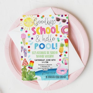 Auf Wiedersehen Schule Hallo Pool Einladung Vorlage, druckbare Ende der Schule Pool Party einladen, Bearbeitbare Sommerpause einladen, Sofort Download #GS