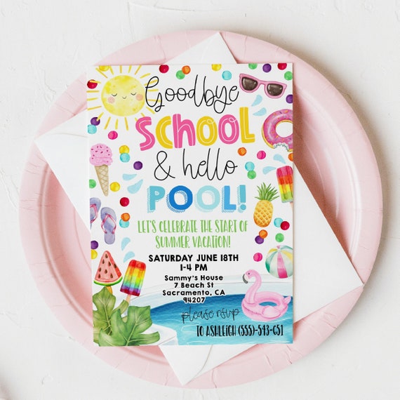 Goodbye School Hello Pool Invitation Template, Printable End Of School Pool Party Invite, Editable Summer Break Invite, Instant Download #GS
