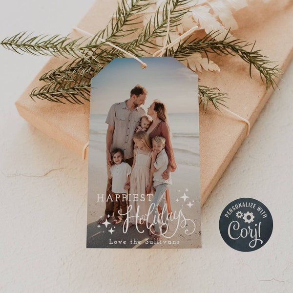 Happy Holidays Photo Gift Tag Template, Printable Modern Family Photograph Christmas Tag, Editable Simple Stars Xmas Tag, Instant Download