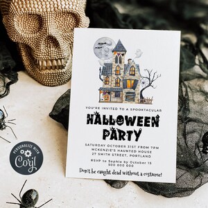 May include: A Halloween party invitation with a spooky house illustration. The invitation reads "You're invited to a spooktacular Halloween Party" and includes details about the party, including the date, time, location, and RSVP information. The text "Don't be caught dead without a costume!" is at the bottom of the invitation.