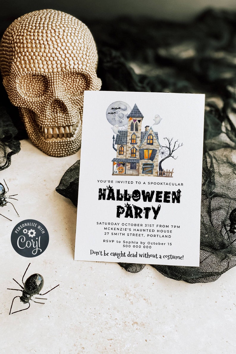 May include: A Halloween party invitation with a spooky house illustration. The invitation reads "You're invited to a spooktacular Halloween Party" and includes details about the party, including the date, time, location, and RSVP information. The text "Don't be caught dead without a costume!" is at the bottom of the invitation.