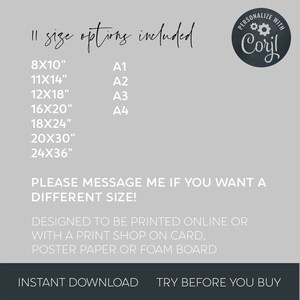 May include: A printable design for a personalized poster or card. The design includes the text "PERSONALIZE WITH Cory!" in a circle with gears. The text "11 size options included" is listed above a table of sizes in inches, including 8x10, 11x14, 12x18, 16x20, 18x24, 20x30, and 24x36. The text "PLEASE MESSAGE ME IF YOU WANT A DIFFERENT SIZE!" is below the table. The text "DESIGNED TO BE PRINTED ONLINE OR WITH A PRINT SHOP ON CARD, POSTER PAPER OR FOAM BOARD" is below that. The text "INSTANT DOWNLOAD TRY BEFORE YOU BUY" is at the bottom of the design.