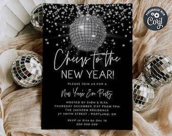 May include: Black New Year's Eve party invitation with a disco ball graphic and the text "Cheers to the NEW YEAR!". The invitation includes event details and RSVP information. Silver disco balls are scattered around the invitation.