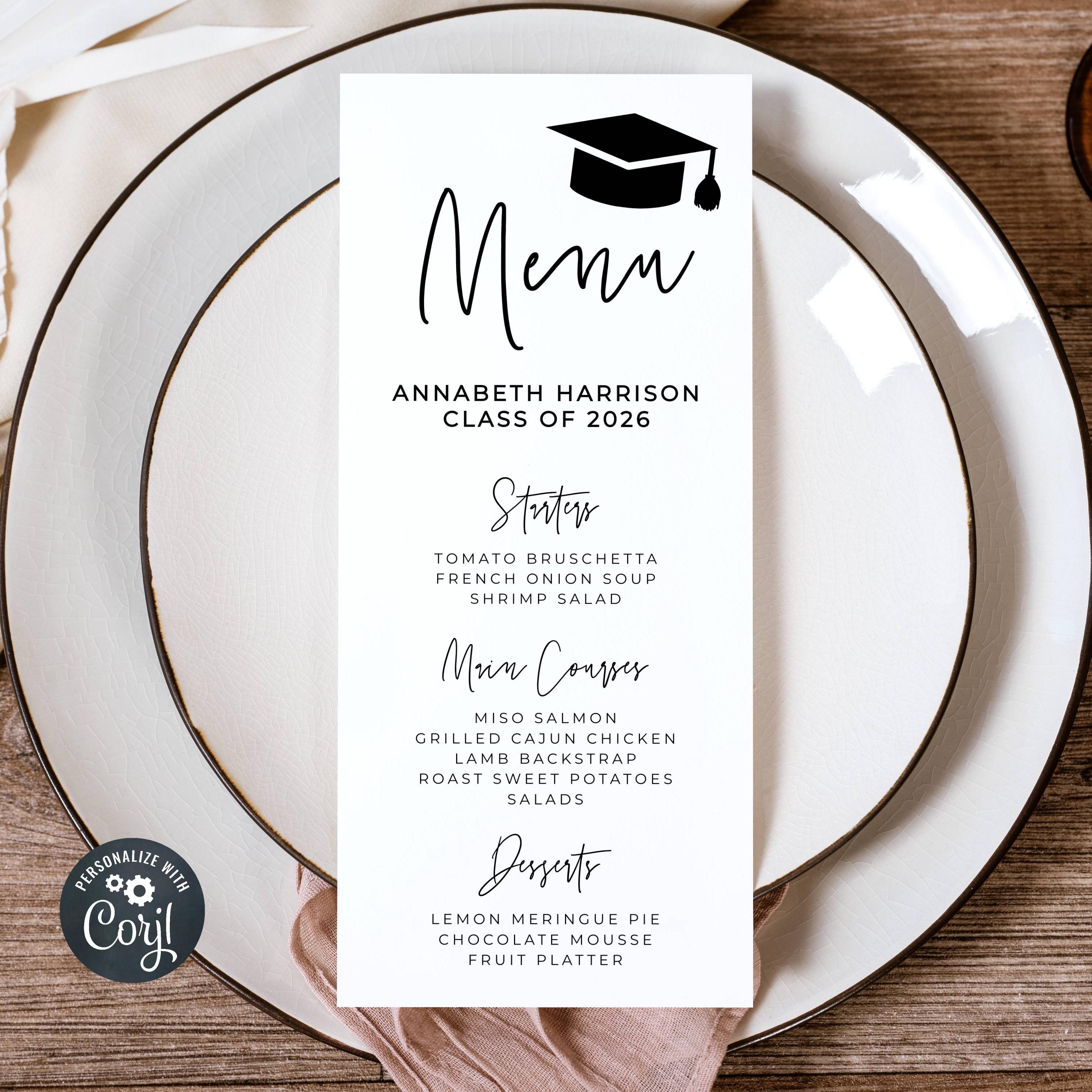 Graduation Bar Menu. Example Minimalist Graduation Dinner Menu Template, Printable Modern Graduate ...