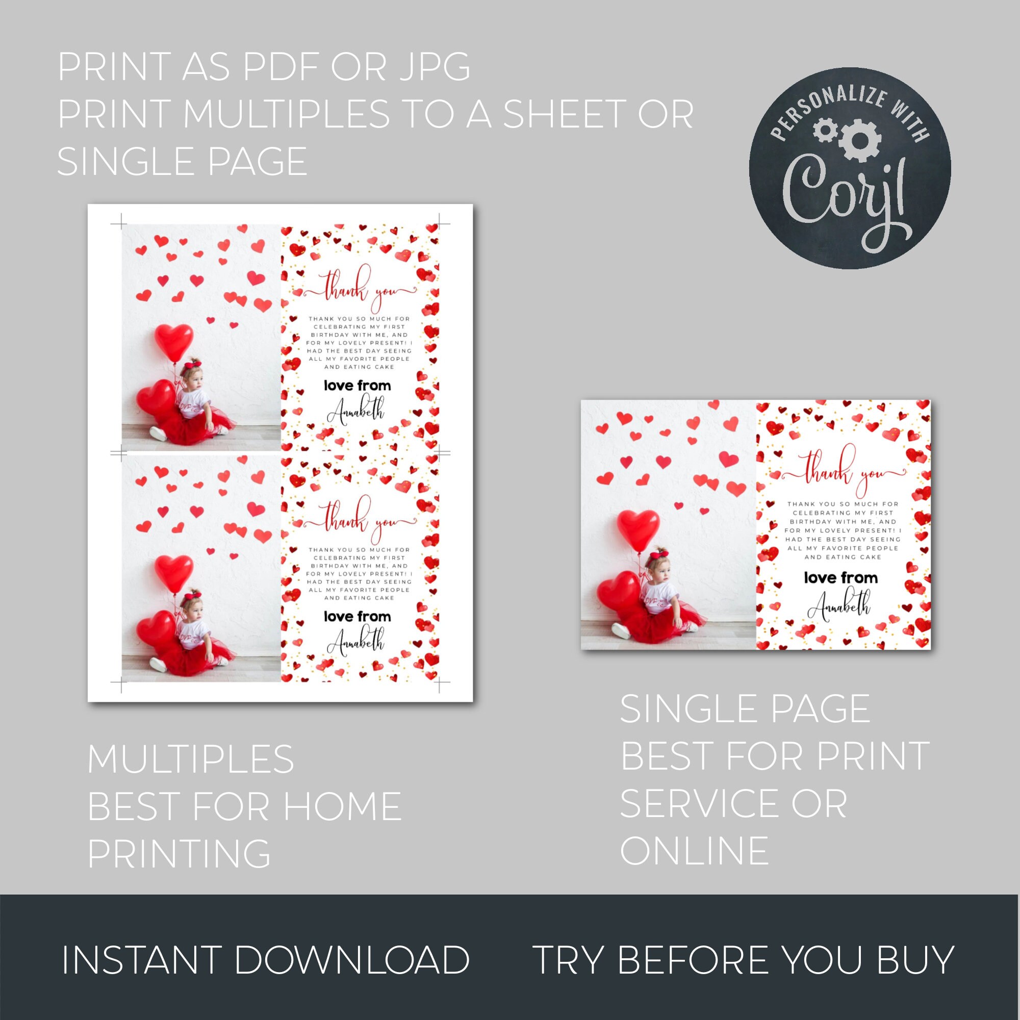 Editable Little Sweetheart Valentine Birthday Photo Thank You Card ...