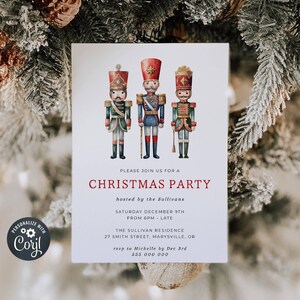 May include: Christmas party invitation featuring three watercolor nutcracker soldiers in red, blue, and green uniforms. The invitation includes the text "Christmas Party" and event details, all set against a festive background.