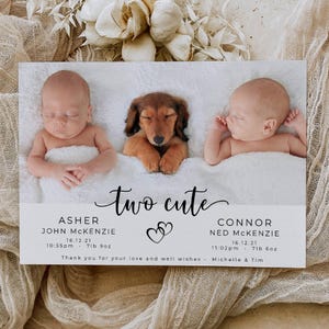 Modèle de faire-part de naissance bébés jumeaux, cartes de naissance imprimables avec photos, deux cartes de remerciement modifiables pour bébé mignon, téléchargement immédiat