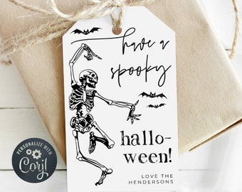 Dancing Skeleton Halloween Gift Tag Template, Printable Spooky Halloween Party Favor Tags, Editable Fun Skeleton Tags, Instant Download, #SK