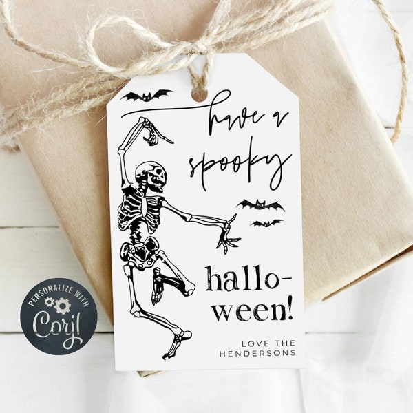 Dancing Skeleton Halloween Gift Tag Template, Printable Spooky Halloween Party Favor Tags, Editable Fun Skeleton Tags, Instant Download, #SK