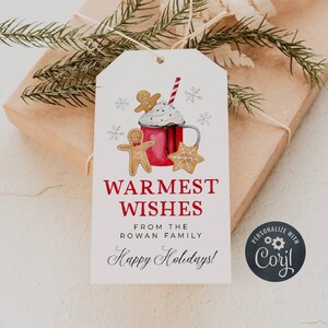 Warmest Wishes Christmas Gift Tag Template, Printable Holiday Favor Tag, Editable Gingerbread Cookies & Cocoa Tag, Digital Download, #C2
