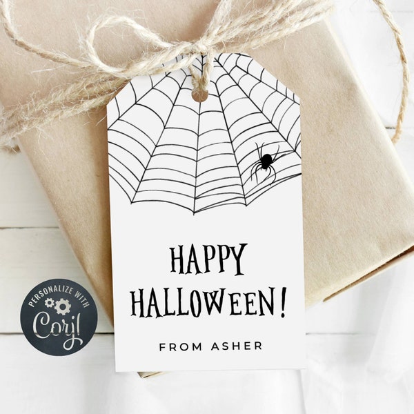 Modèle d'étiquette cadeau imprimable Halloween, étiquettes modifiables Trick or Treat, étiquettes de faveur de fête fantasmagoriques, étiquette de sac de friandises en toile d'araignée, téléchargement immédiat, #HW