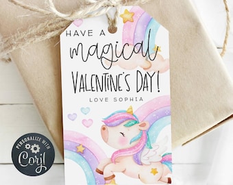 May include: A white gift tag with a unicorn, rainbow, and stars. The text reads "Have a magical Valentine's Day! Love Sophia".