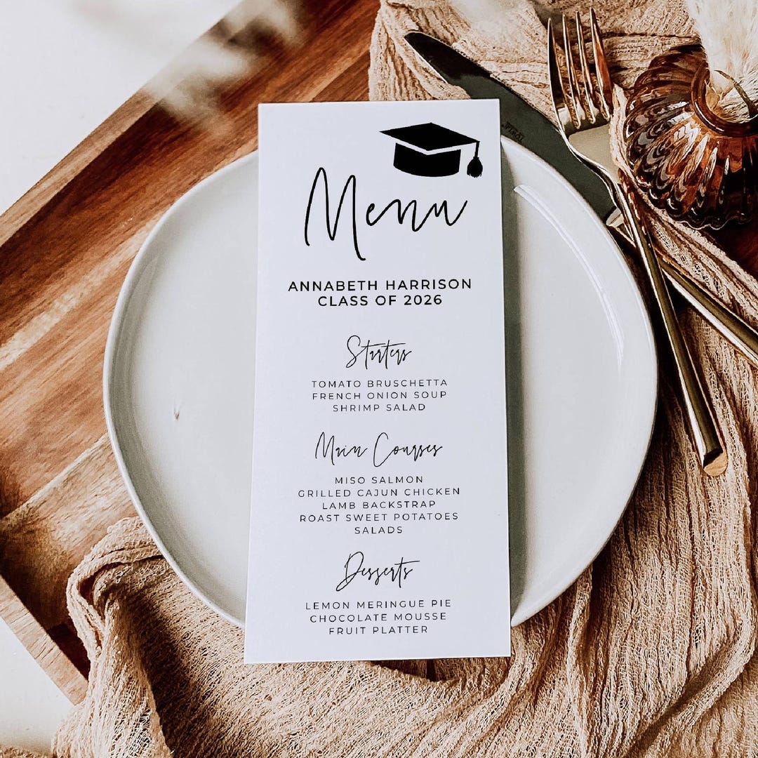 Menu Greeting Graduation Graduation Dinner Menu Template, Printable Modern Graduate Table Decor ...