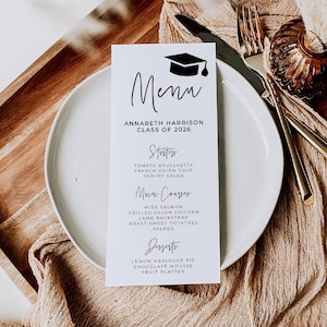 Szablon menu na kolację absolwentów, do druku nowoczesna dekoracja stołu dla absolwentów, edytowalne minimalistyczne karty menu na przyjęcie absolwentów, do pobrania w wersji cyfrowej, #SG