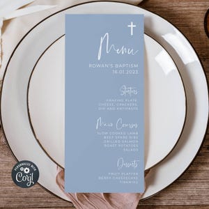Dusty Blue Taufe Menü Vorlage, Druckbares Tauftisch Menü, bearbeitbare Menü Karten, Moderne Junge Taufe Menü, Sofort Download, #DB