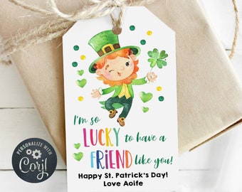 St. Patrick's Day Friend Gift Tag Template, Printable Leprechaun Favor Tags, Editable Lucky to Have a Friend Like You Tag, Instant Download