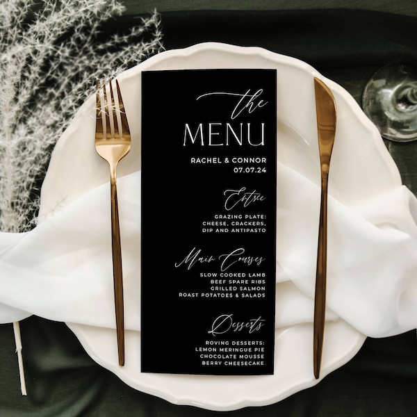 Klassische schwarze Hochzeitsmenüvorlage, druckbare moderne elegante einfarbige Tischkarte, bearbeitbare minimalistische Abendkarte, sofortiger Download, #BW