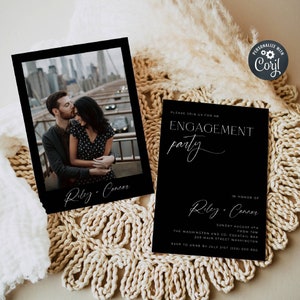 Modern Black Engagement Party Invitation Template, Printable Minimal Classic Celebration Invite, Editable Engaged Invite, Instant Download