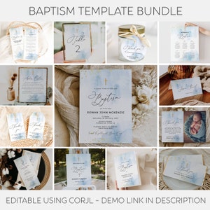 Blue & Gold Baptism Template Bundle, Printable Light Baby Blue Watercolor Christening Pack, Editable Boy Baptism Decor, Instant Download #BB