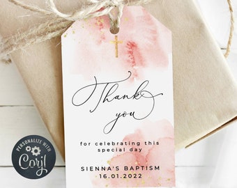 Blush Pink & Gold Taufe Gunsten Anhänger, druckbare Geschenkanhänger zur Taufe, bearbeitbares rosa Aquarell Taufe Geschenkanhänger, digitaler Download, #PB