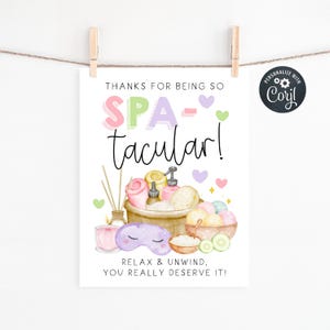 May include: A pink and green spa-themed thank you card with the text "Thanks for being so SPA-tacular! Relax & unwind, you really deserve it!" and an illustration of spa products.