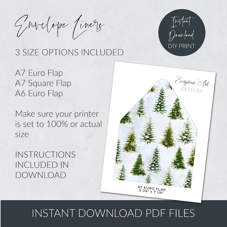 Tree Liners Printable Watercolor Pine Trees Envelope Liner, Rustic Snowflake ...
