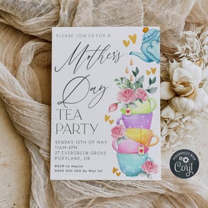 Modello di invito per il tè della festa della mamma, invito stampabile per il brunch con tazze da tè, invito modificabile per il tè pomeridiano floreale per la mamma, download immediato