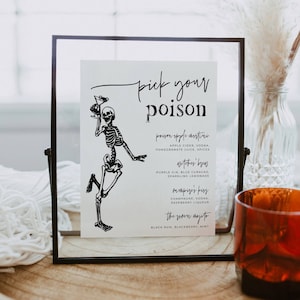 Modèle de menu Halloween Pick Your Poison Bar, signe de boissons imprimable, liste de cocktails squelette effrayant minimaliste minimaliste, téléchargement immédiat #SK