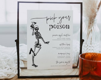 Halloween Pick Your Poison Bar Menu Template, Printable Drinks Sign, Editable Minimalist Spooky Skeleton Cocktail List, Instant Download #SK
