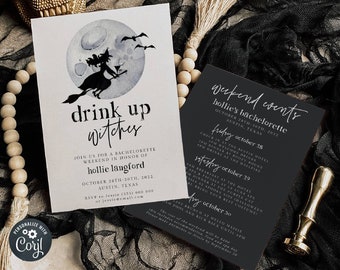 Halloween Bachelorette Invitation Template, Printable Drink Up Witches Bach Weekend Invitation, Editable Itinerary, Digital Download, #DU