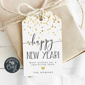 Modelo de etiqueta de presente de véspera de ano novo, etiquetas de lembrança de NYE com confete dourado para impressão, etiquetas de ano novo com brilho editáveis, etiqueta de vinho de NYE, download instantâneo
