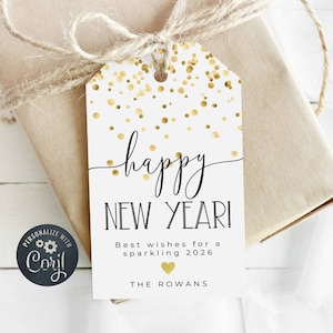 Plantilla de etiquetas de regalo para Nochevieja, etiquetas imprimibles con confeti dorado para recuerdos de Año Nuevo, etiquetas brillantes editables para Año Nuevo, etiqueta para vino de Nochevieja, descarga digital imagen 1