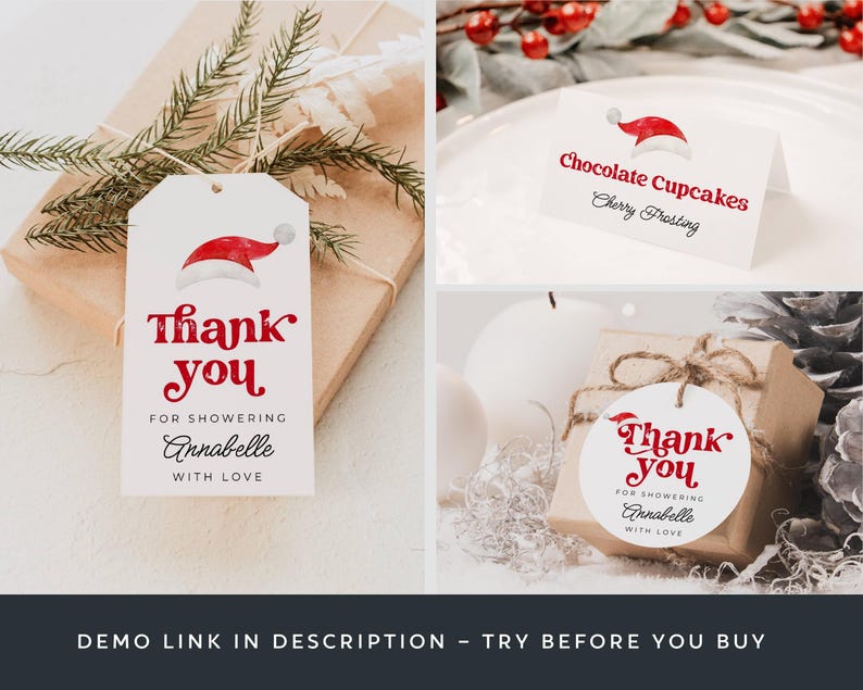 Santa Baby Shower Template Bundle, druckbares Weihnachtsduschpaket, bearbeitbares Weihnachtsmann Hut Duschset, digitaler Download, #CS Bild 5
