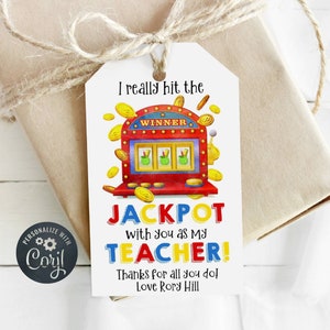 Jackpot Lehrer Wertschätzung Geschenkanhänger, druckbare Lehrer Danke Lotterie Tags, bearbeitbare Rubbelkarte Favor Tag, sofortiger Download