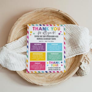 May include: A colourful printable sign with the text "Thank You for all you do!" and a schedule of teacher and staff appreciation week events. The events include coffee, doughnuts, tacos, muffins, and sweets. The sign is on a wooden plate with a white cloth.