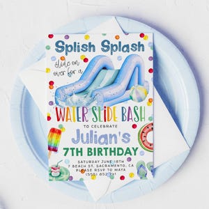 Waterslide Birthday Invitation Template, Printable Splish Splash Boys Pool Party Invite, Editable Printable Summer Invite, Instant Download