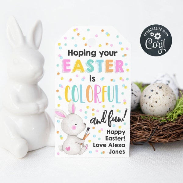 Colorful Easter Gift Tag Template, Printable Easter Paint Pencils Crayons Favor Tags, Editable Easter Basket Bunny Tag, Instant Download