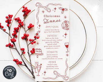 Whimsical Christmas Menu Template, Printable Hand Drawn Doodles Holiday Dinner Party Menu, Editable Friendsmas Menu, Digital Download