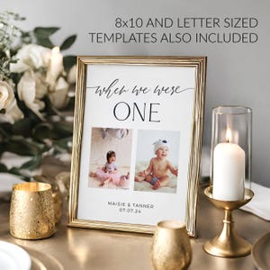 May include: A gold-framed photo with a white background and the text "when we were ONE" in black script. Two photos are displayed, one of a girl in a pink tutu and one of a boy in a white hat. The text "MAISIE & TANNER 07.07.24" is printed below the photos.
