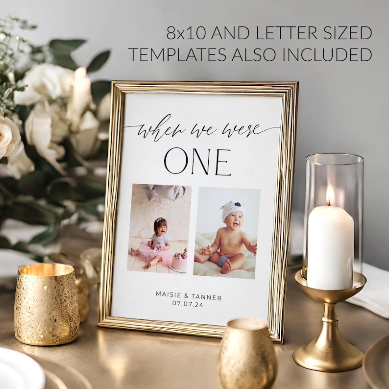 May include: A gold-framed photo with a white background and the text "when we were ONE" in black script. Two photos are displayed, one of a girl in a pink tutu and one of a boy in a white hat. The text "MAISIE & TANNER 07.07.24" is printed below the photos.