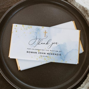 Blue & Gold Baptism Chocolate Bar Wrapper Template, Printable Editable Watercolor Christening Candy Bar Label, Instant Download, #BB