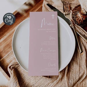 Blush roze menusjabloon doopsel, afdrukbaar menu dooptafel, bewerkbare menukaarten, modern meisje doopmenu, direct downloaden, #BP