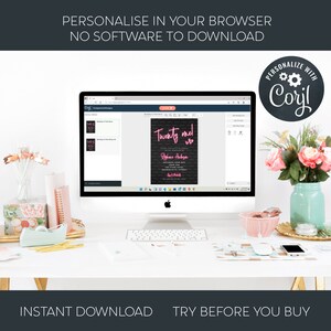 May include: A computer screen displaying a website with a customizable birthday invitation template. The invitation features a black and white brick wall background with pink neon text that says "Twenty one!" and a pink heart. The website is called "Coril" and allows users to personalize the invitation with their own text and images.