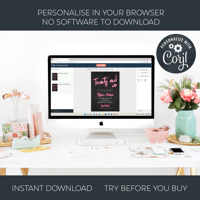 May include: A computer screen displaying a website with a customizable birthday invitation template. The invitation features a black and white brick wall background with pink neon text that says "Twenty one!" and a pink heart. The website is called "Coril" and allows users to personalize the invitation with their own text and images.