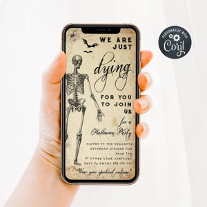 Electronic Vintage Skeleton Halloween Party Invitation Template, Editable Costumes & Cocktails Digital Text Evite, Instant Download, #SV