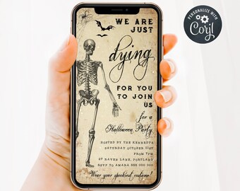May include: A digital phone screen displaying a Halloween party invitation with a skeleton graphic and the text "We are just dying for you to join us for a Halloween Party". The invitation includes the party details: hosted by the Kennedys, Saturday October 31st, from 7pm, 27 Raven Lane, Portland, RSVP to Amara 555 000 000, Wear your spookiest costume! The invitation is personalized with the text "Coryl".