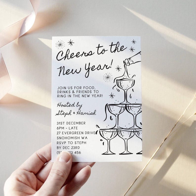New Year's Eve Champagne Tower Invitation Template, Printable Cheers To The New Year Invite, Editable Whimsical Invite, Digital Download image 6
