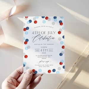 May include: A white invitation card with red, white, and blue confetti-like dots around the border. The text reads "4th of July Celebration" with event details. The card is held by a hand.