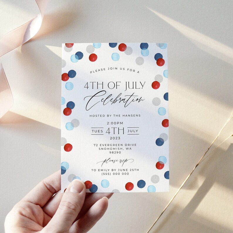 May include: A white invitation card with red, white, and blue confetti-like dots around the border. The text reads "4th of July Celebration" with event details. The card is held by a hand.